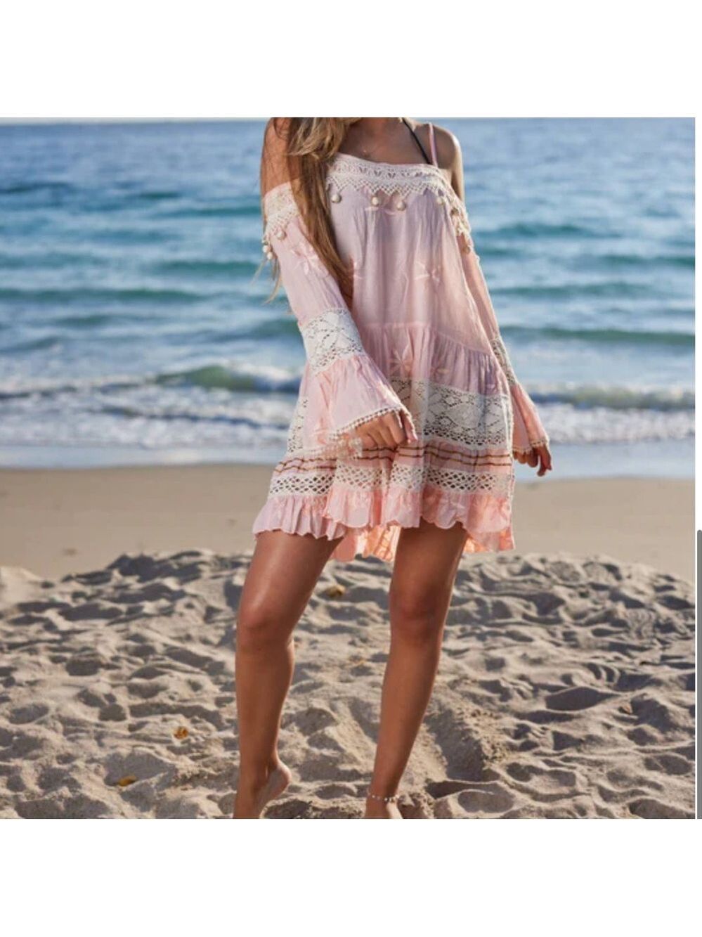 #128 $128 Retail Delicate Cotton Off the Shoulder Hand Stitched. handle w/ care